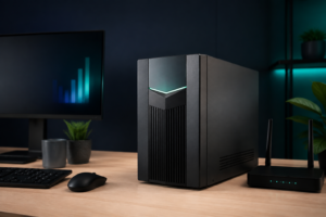 یوپیاس ایستاده در کنار رایانه و روتر روی میز کار